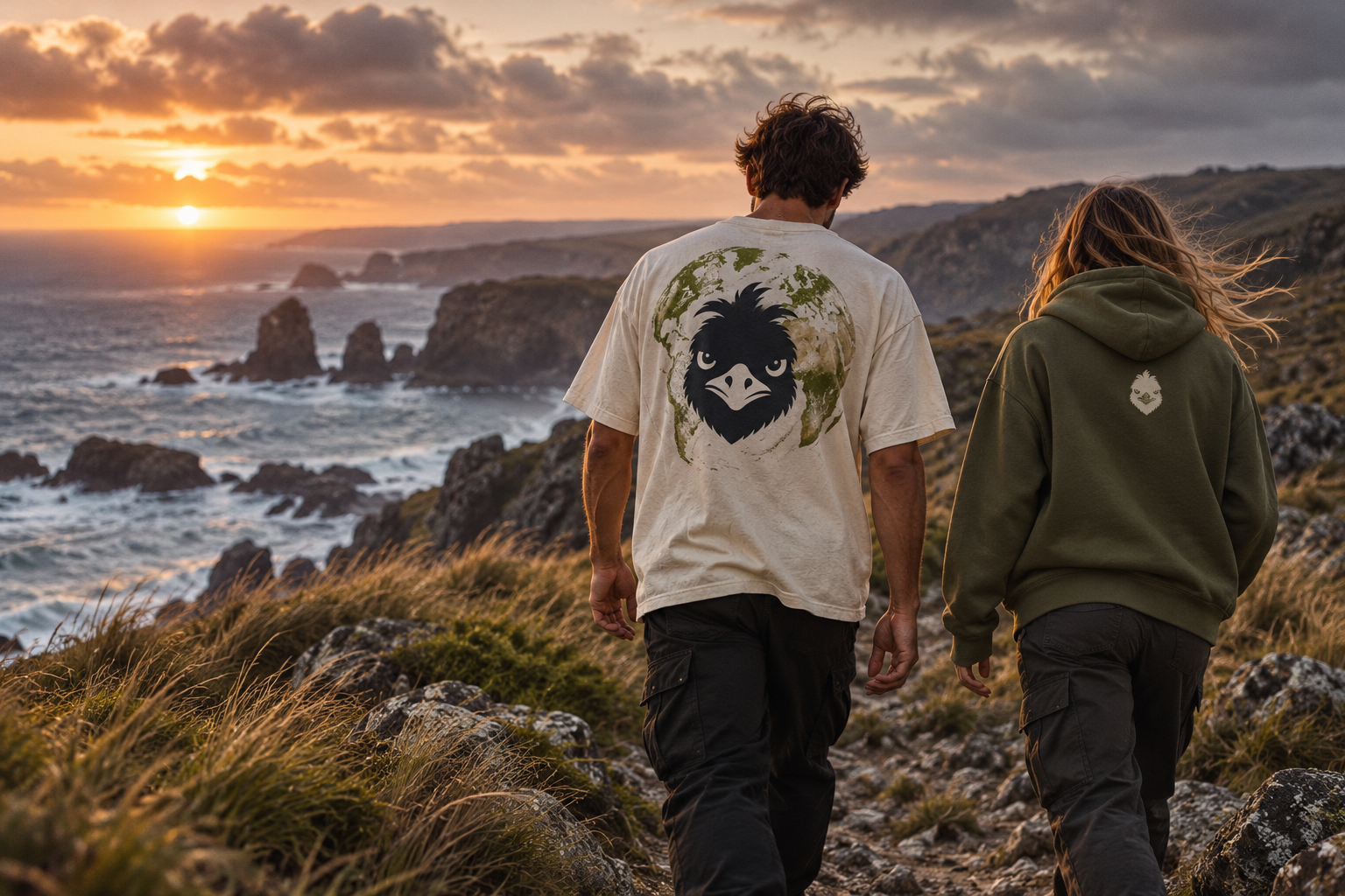 Campaign concept showing two people in IMU-inspired clothing on a coastal path at sunset